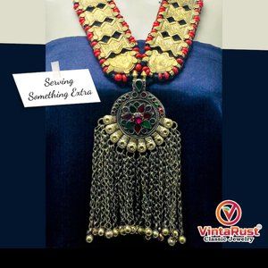 Vintage Pendant, Turkmen Long Bells Pendant Necklace, Red Beaded Necklace